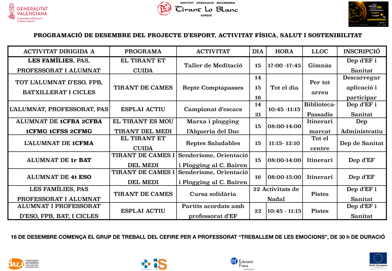 PROGRAMACIÓ DE DESEMBRE DEL PROJECTE D'ESPORT, ACTIVITAT FÍSICA ...