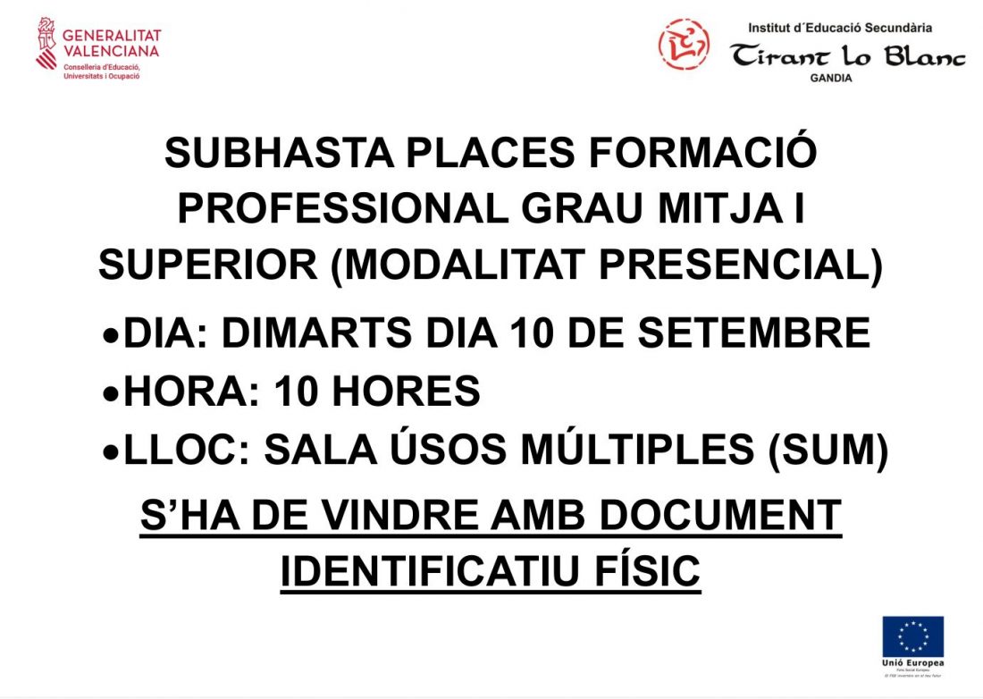 SUBHASTA PLACES FORMACIÓ PROFESSIONAL GRAU MITJA I SUPERIOR (MODALITAT PRESENCIAL)